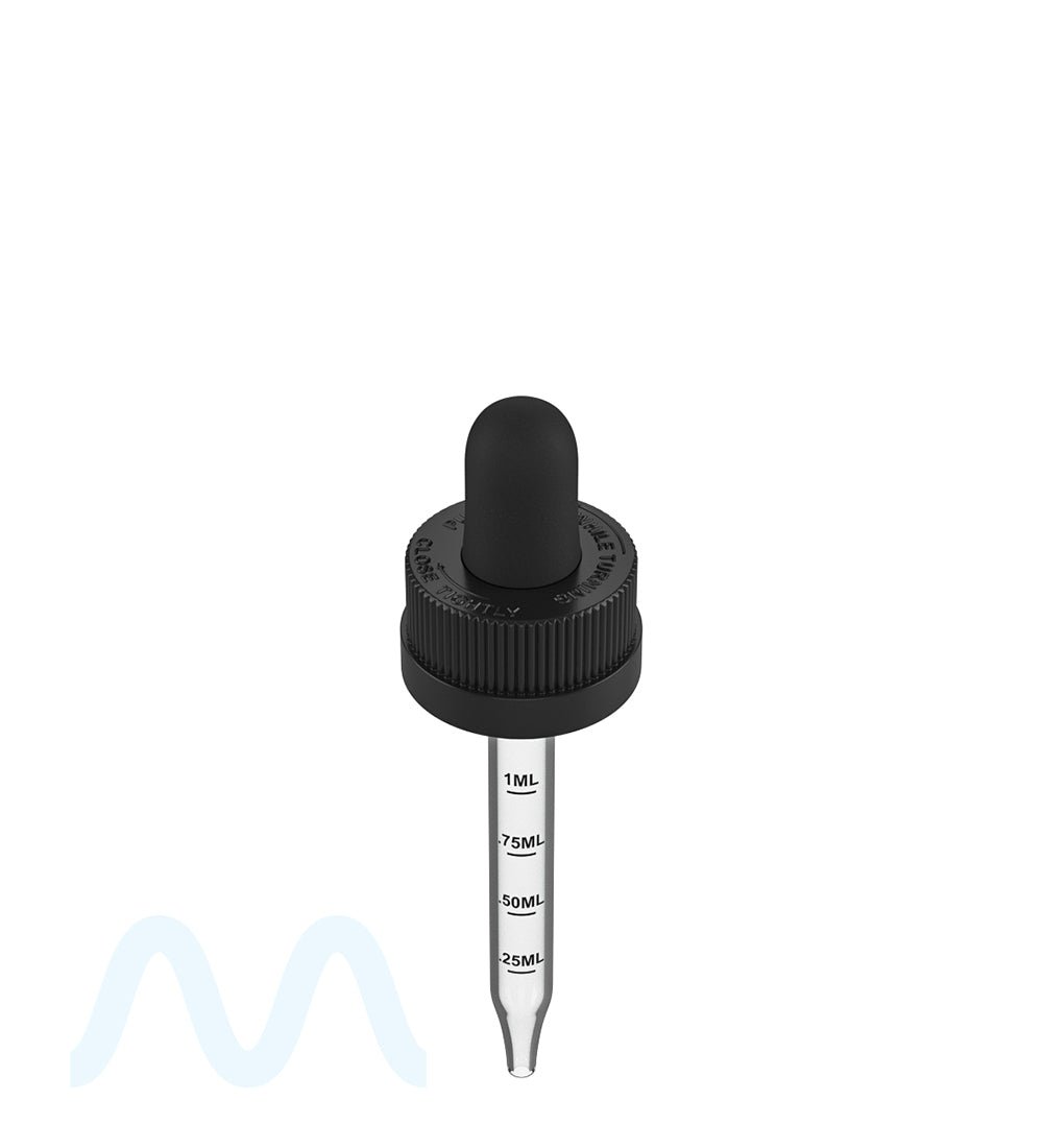 Child Resistant | Black Graduated Ribbed Glass Dropper Cap | 1oz - 1mL - 360 Count - 1