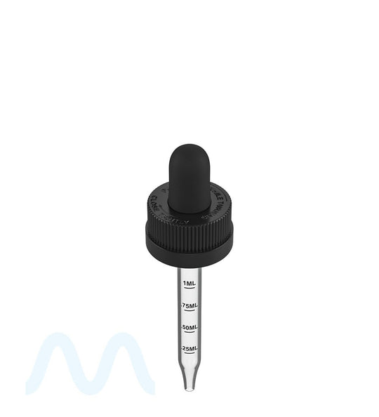 Child Resistant | Black Graduated Ribbed Glass Dropper Cap | 1oz - 1mL - 360 Count - 1