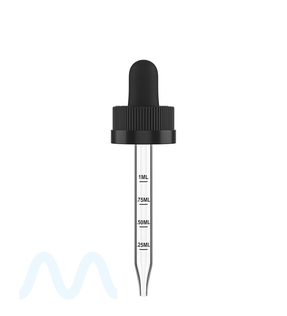 Child Resistant | Black Graduated Ribbed Glass Dropper Cap | 1oz - 1mL - 360 Count - 2