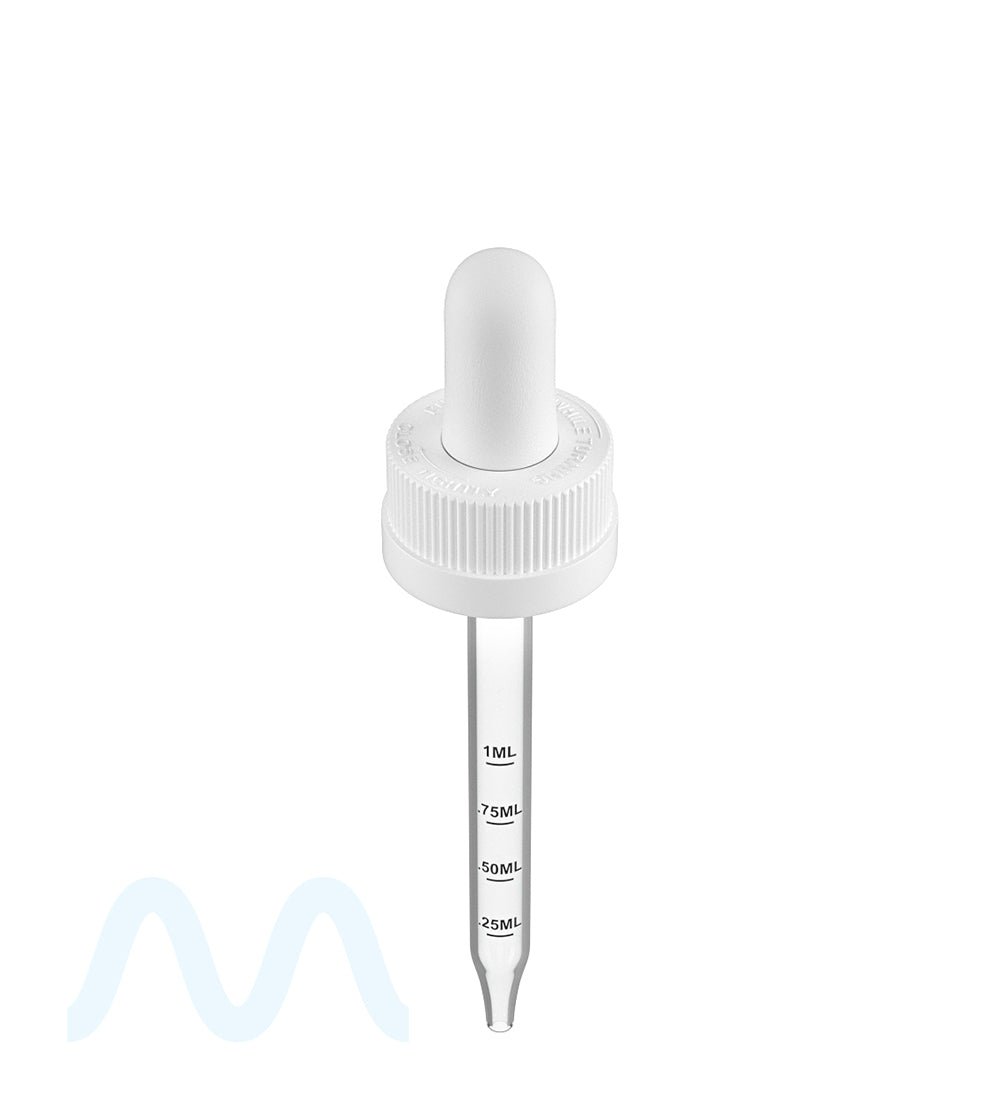 Child Resistant | White Graduated Ribbed Glass Dropper Cap | 2oz - 1mL - 240 Count - 1