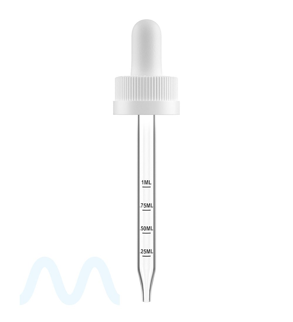 Child Resistant | White Graduated Ribbed Glass Dropper Cap | 2oz - 1mL - 240 Count - 2