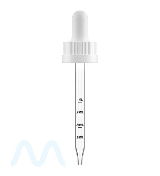 Child Resistant | White Graduated Ribbed Glass Dropper Cap | 2oz - 1mL - 240 Count - 2