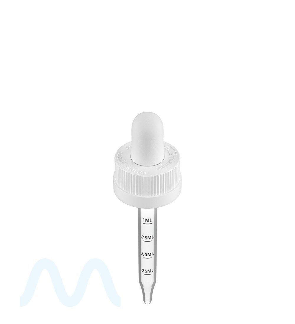 Child Resistant | White Graduated Ribbed Glass Dropper Cap | 1oz - 1mL - 360 Count - 1