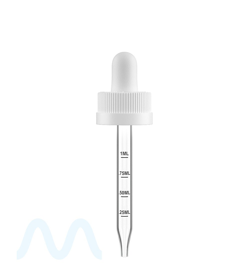 Child Resistant | White Graduated Ribbed Glass Dropper Cap | 1oz - 1mL - 360 Count - 2