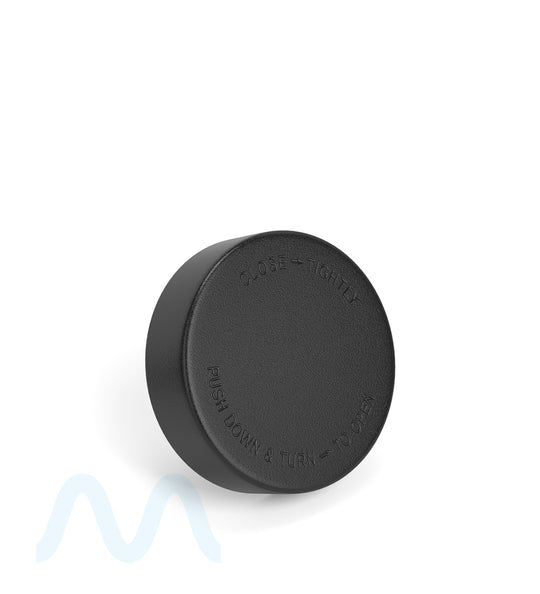 Child Resistant | Smooth Push Down & Turn Plastic Caps w/ Text & Foam Induction Heat Seal Liner | 50mm - Matte Black - 100 Count