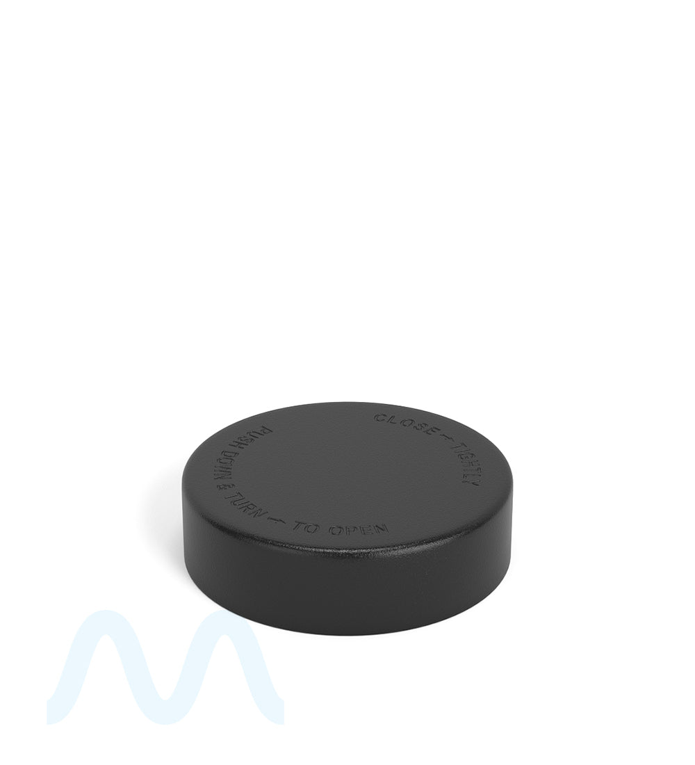 Child Resistant | Smooth Push Down & Turn Plastic Caps w/ Text & Foam Liner | 50mm - Matte Black - 100 Count