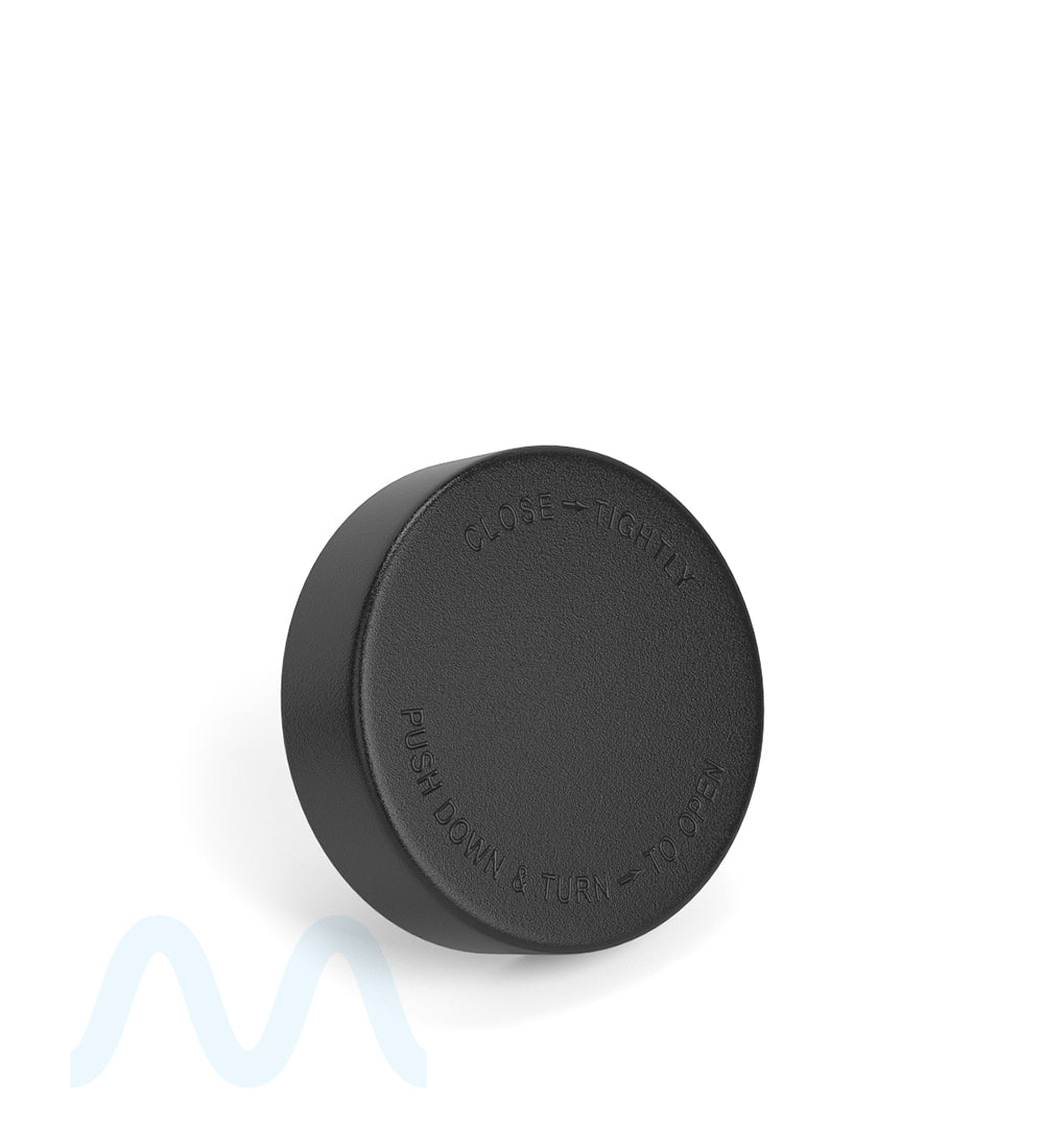 Child Resistant | Smooth Push Down & Turn Plastic Caps w/ Text & Foam Liner | 50mm - Matte Black - 100 Count