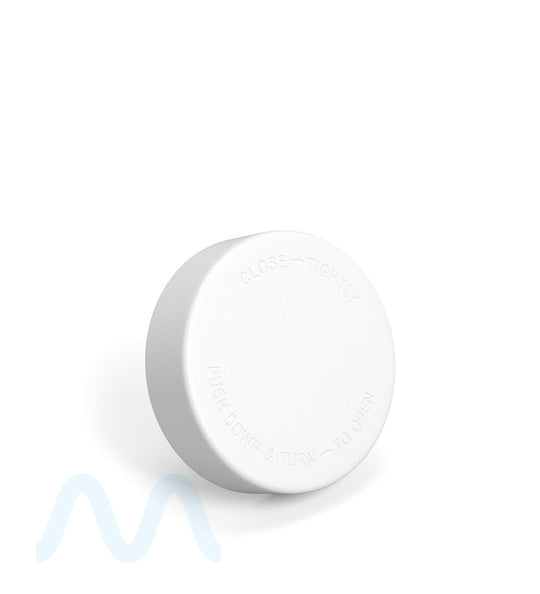 Child Resistant | Smooth Push Down & Turn Plastic Caps w/ Text & Foam Liner | 50mm - Matte White - 100 Count