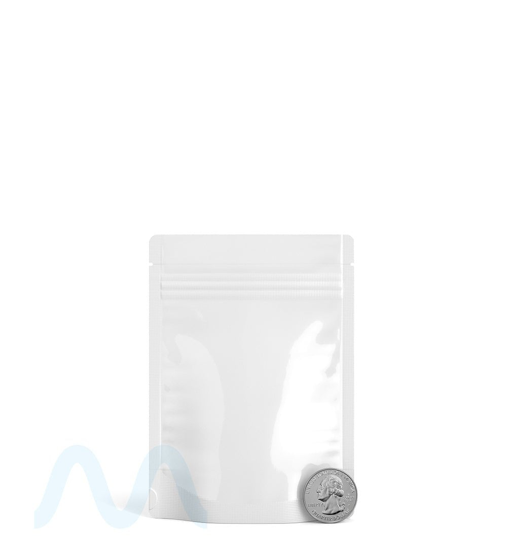 Tamper Evident | Glossy White Mylar Bag (Tear Notch) | 3.6in x 5in - 3.5g - 1000 Count - 6