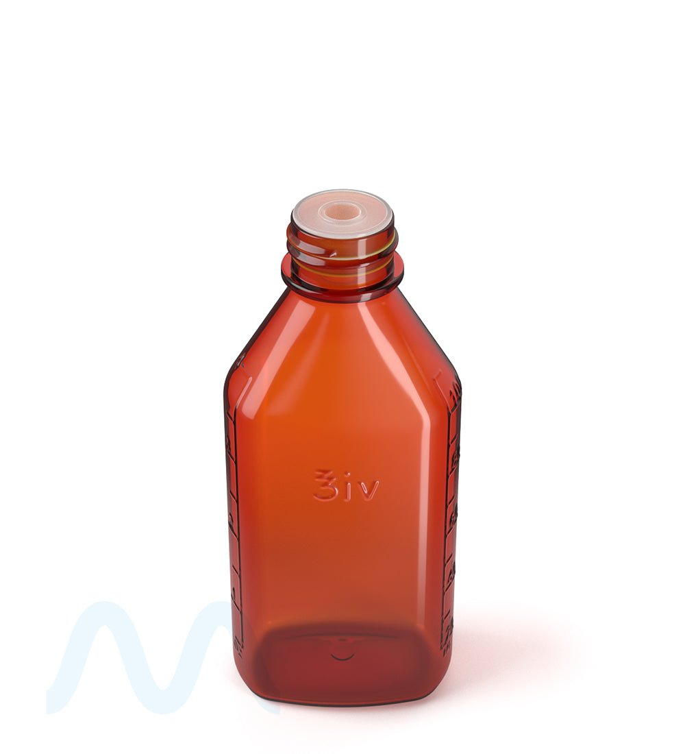 Child Resistant | Push Down & Turn Plastic Syrup Bottles w/ Oral Adapters | 4oz - Amber - 120 Count - 4