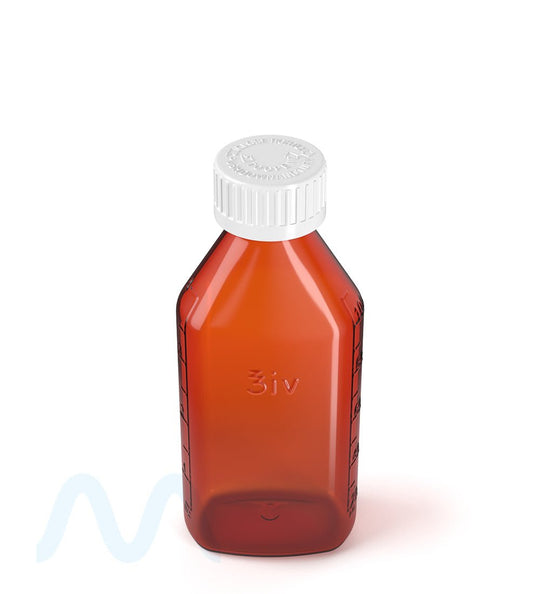 Child Resistant | Push Down & Turn Plastic Syrup Bottles w/ Oral Adapters | 4oz - Amber - 120 Count - 5