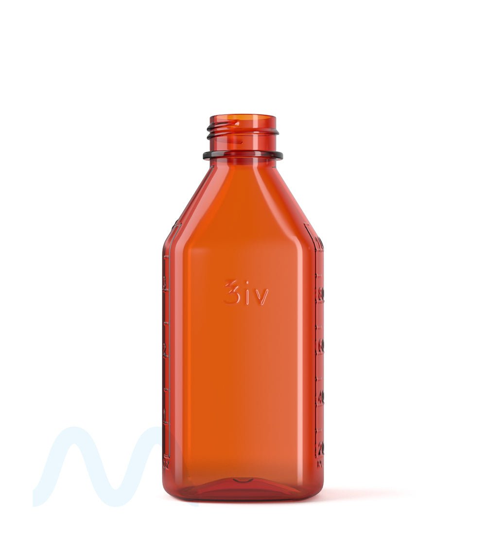 Child Resistant | Push Down & Turn Plastic Syrup Bottles w/ Oral Adapters | 4oz - Amber - 120 Count - 6