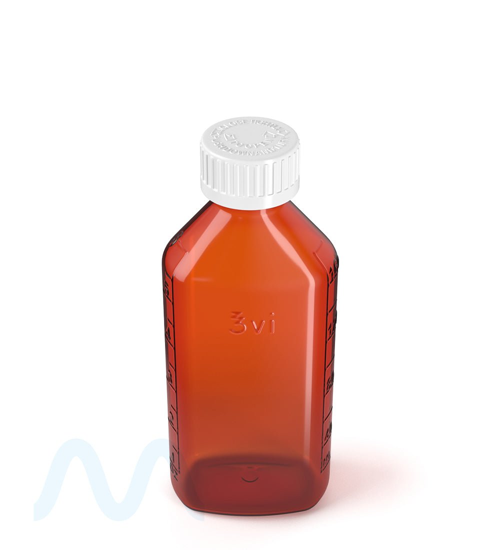 Child Resistant | Push Down & Turn Plastic Syrup Bottles | 6oz - Amber - 100 Count - 5