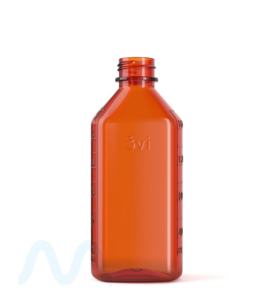 Child Resistant | Push Down & Turn Plastic Syrup Bottles | 6oz - Amber - 100 Count - 6