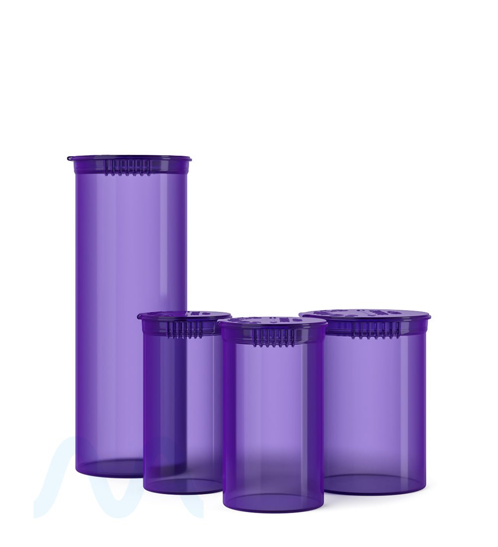 Child Resistant | Transparent Purple Pop Top Bottles | 19dr - 3.5g - 225 Count - 5