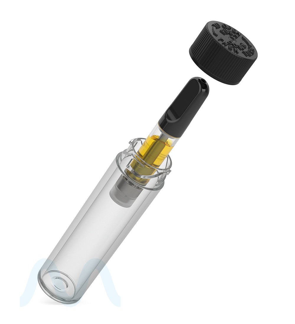 Child Resistant | Push Down & Turn Vape Cartridge Tube w/ Black Cap | 84mm - Clear - 500 Count - 8