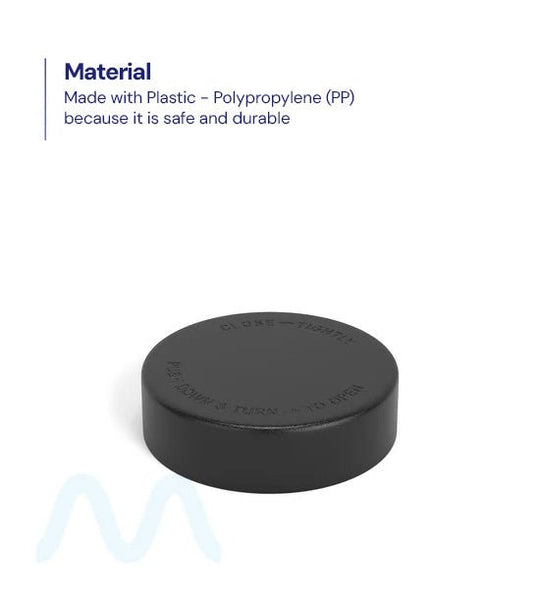 Child Resistant | Smooth Push Down & Turn Plastic Caps w/ Text & Foam Induction Heat Seal Liner | 50mm - Matte Black - 100 Count - 1