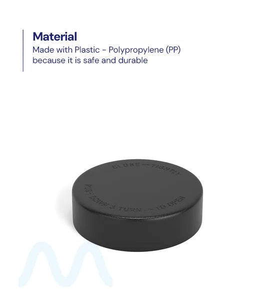Child Resistant | Smooth Push Down & Turn Plastic Caps w/ Text & Foam Induction Heat Seal Liner | 50mm - Matte Black - 100 Count - 1
