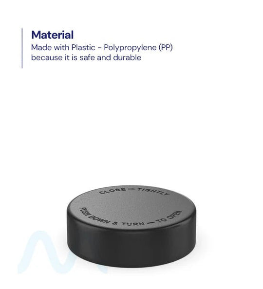 Child Resistant | Smooth Push Down & Turn Plastic PCR Caps w/ Text & Foam Liner | 50mm - Matte Black - 100 Count - 1