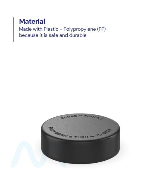 Child Resistant | Smooth Push Down & Turn Plastic PCR Caps w/ Text & Foam Liner | 50mm - Matte Black - 100 Count - 1