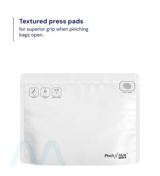 Child Resistant & Tamper Evident | Pinch N Slide 3.0 Matte White Mylar Exit Bags | 12in x 9in - 56g - 250 Count - 1