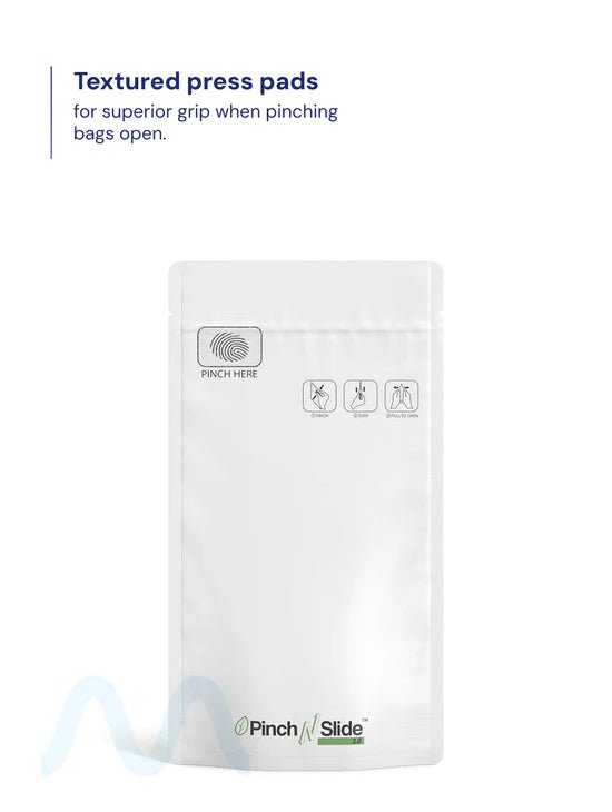 Child Resistant & Tamper Evident | Pinch N Slide 3.0 Matte White PCR Mylar Bags | 4in x 7.4in - 7g - 250 Count - 1