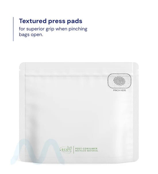 Child Resistant & Tamper Evident | Pinch N Slide 3.0 Matte White PCR Mylar Exit Bags | 8in x 6.7in - 28g - 250 Count - 7