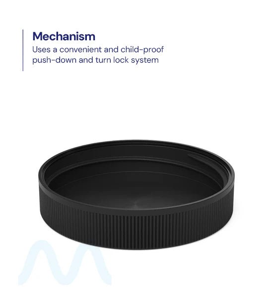 Child Resistant | Ribbed Push Down & Turn Plastic Caps | 89mm - Semi Gloss Black - 205 Count - 3
