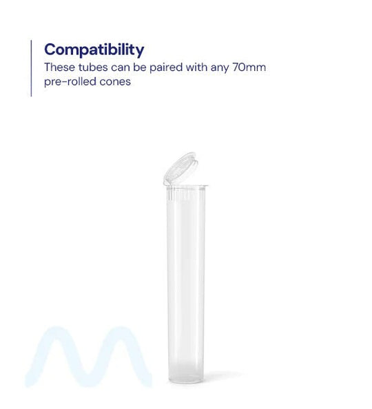 Child Resistant | Pop Top Plastic Pre - Roll Tubes | 70mm - Clear - 1000 Count - 1