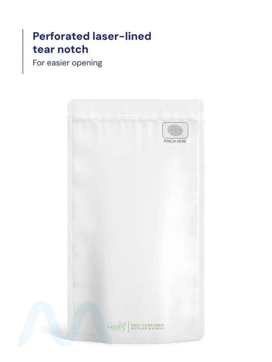 Child Resistant & Tamper Evident | Pinch N Slide 3.0 Matte White PCR Mylar Bags | 5in x 8.8in - 14g - 250 Count - 2