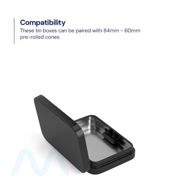 Child Resistant & Sustainable | Hinged - Lid Mini Pre - Rolls Box | 80mm x 58mm - Black Tin - 100 Count - 6