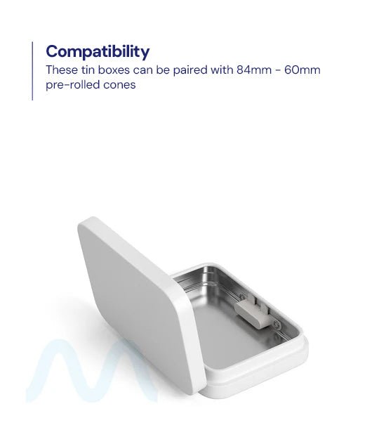 Child Resistant & Sustainable | Hinged - Lid Mini Pre - Rolls Box | 80mm x 58mm - White Tin - 100 Count - 9