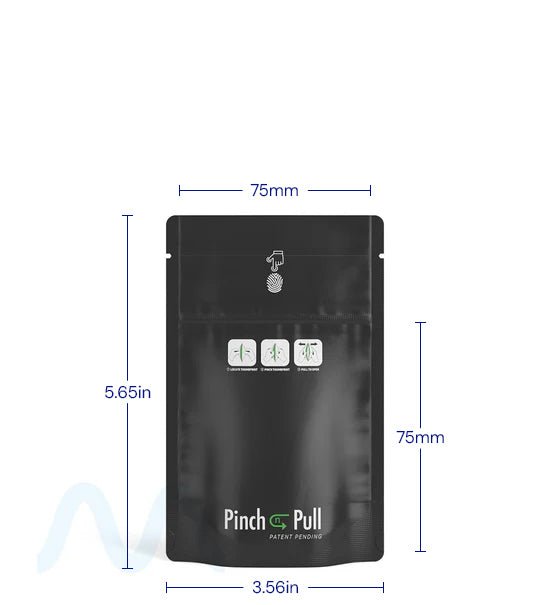 Child Resistant & Tamper Evident | Pinch N Pull Matte Black PCR Mylar Bags | 3.6in x 5.8in - 3.5g - 250 Count - 3