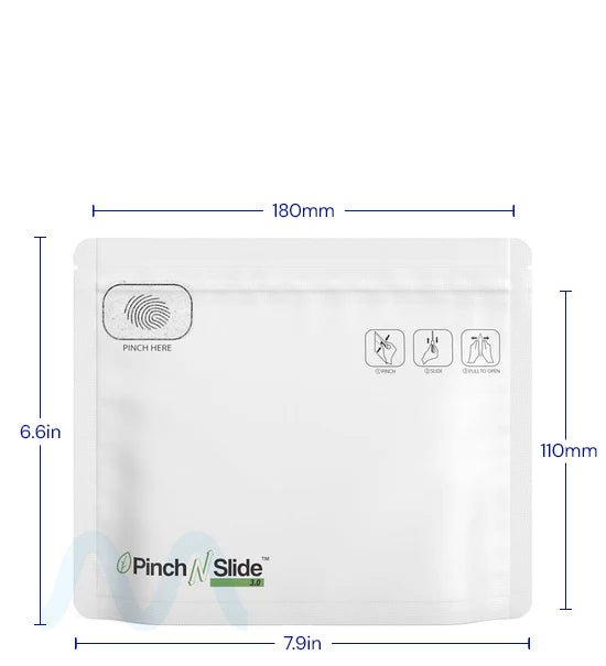 Child Resistant & Tamper Evident | Pinch N Slide 3.0 Matte White PCR Mylar Exit Bags | 8in x 6.7in - 28g - 250 Count - 5