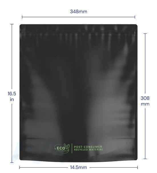 Tamper Evident | Matte Black Mylar PCR Bags (No Tear Notch) | 14.6in x 16.4in - 448g - 100 Count - 1
