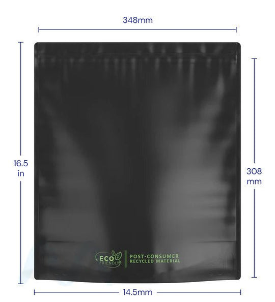 Tamper Evident | Matte Black Mylar PCR Bags (No Tear Notch) | 14.6in x 16.4in - 448g - 100 Count - 1