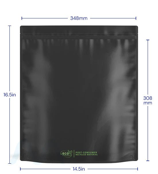 Tamper Evident | Matte Black Vista PCR Mylar Bags (Tear Notch) | 14.6in x 16.4in - 448g - 100 Count - 1