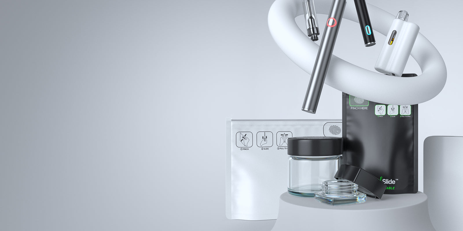 Variety of cannabis packaging products with abstract ring suspended on pedestal with white background - Mobile