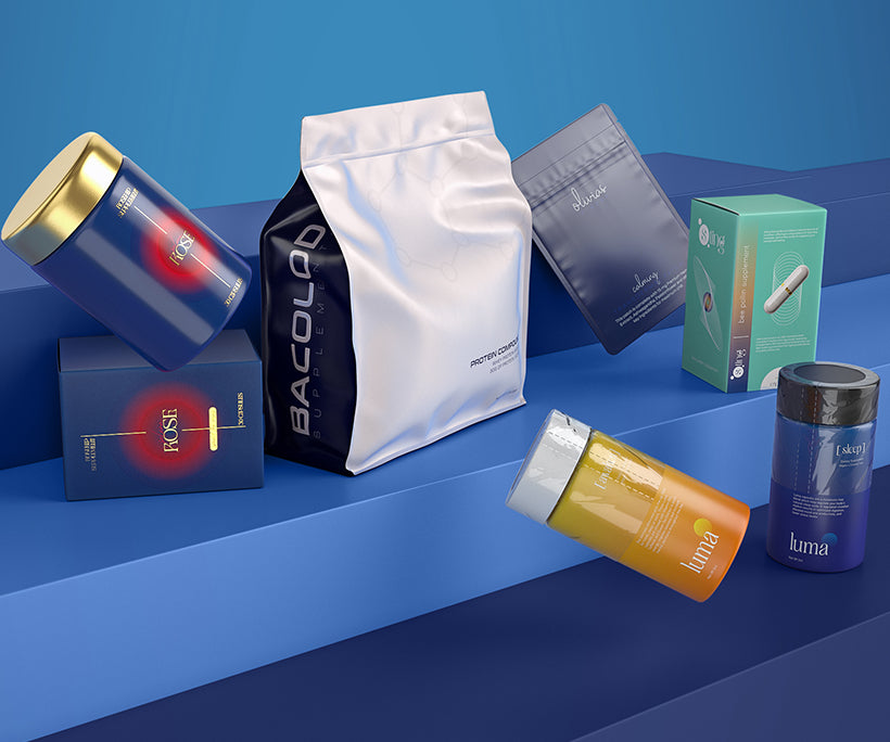 Premium packaging selection including tins, jars, and custom boxes in vibrant designs for luxury and functional storage.