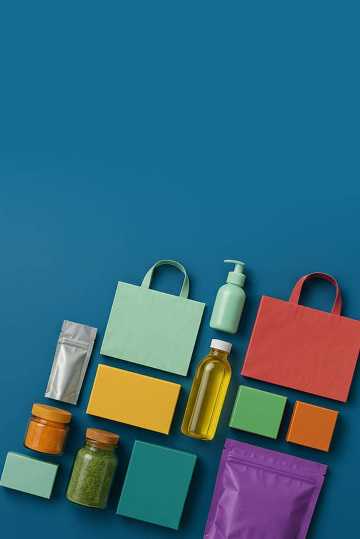 A flat-lay arrangement of colorful paper packaging and small product containers on a solid blue background, including a mint green tote bag, a coral red tote bag, a yellow bottle, a purple stand-up pouch, and other matching boxes and sachets.