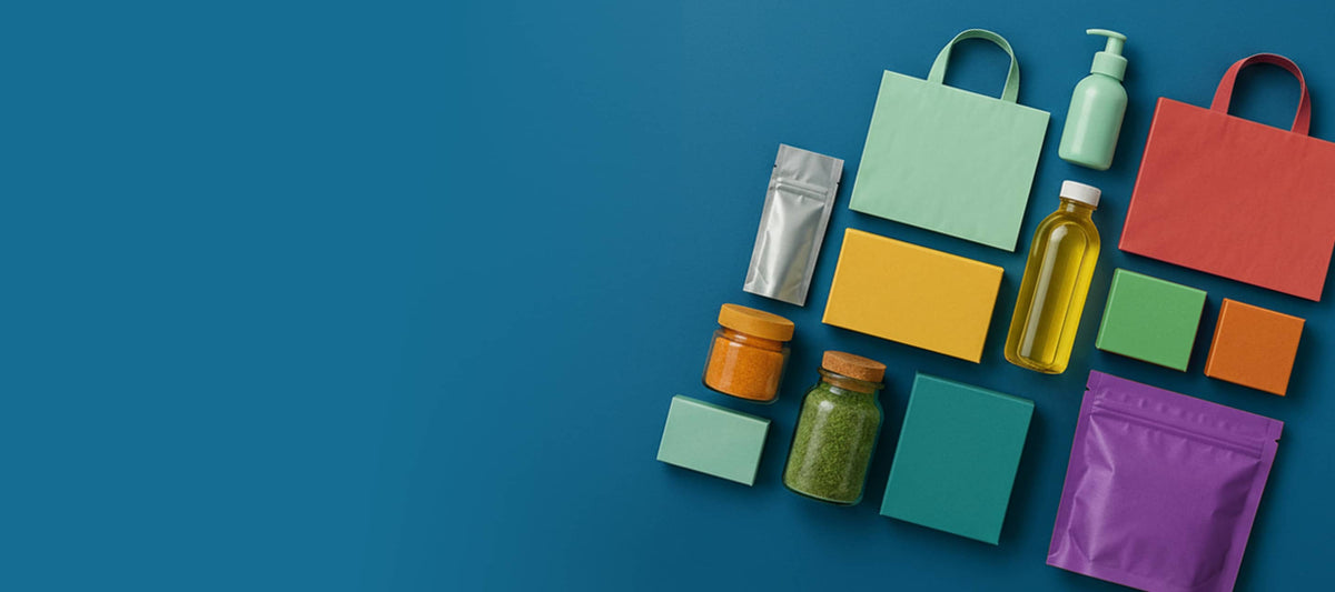 A flat-lay arrangement of colorful paper packaging and small product containers on a solid blue background, including tote bags, pouches, boxes, a bottle, and jars in mint, coral, yellow, teal, orange, green, and purple.