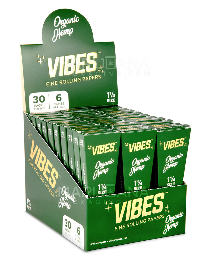 VIBES | 'Retail Display' 1 1/4 Size Organic Hemp Pre-Rolled Cones | 84mm - Hemp Paper - 30 Count Image