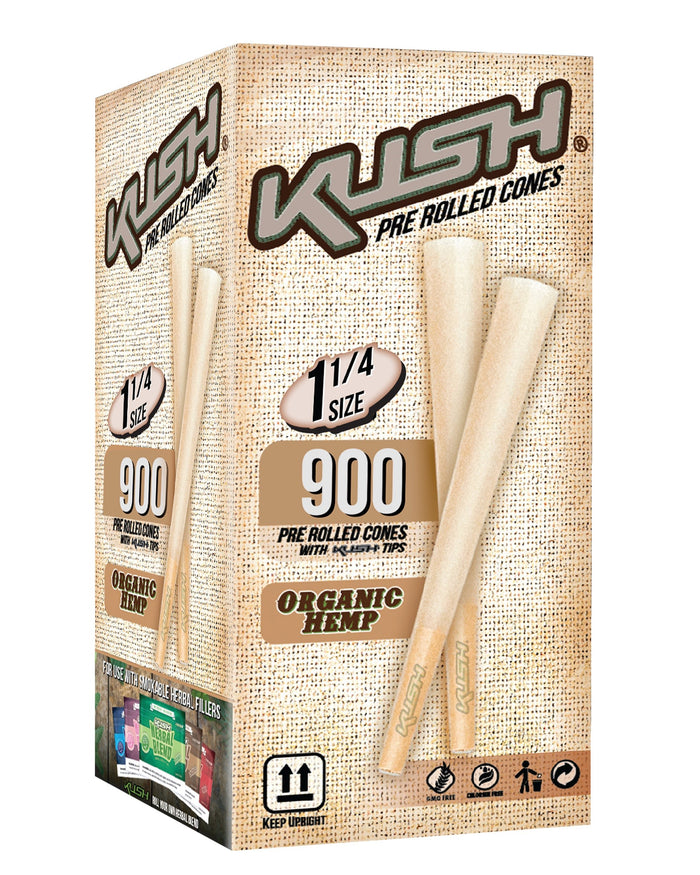 KUSH | 1 1/4 Size Pre-Rolled Cones w/ Filter Tip | 84mm - Organic Hemp Paper - 900 Count Image