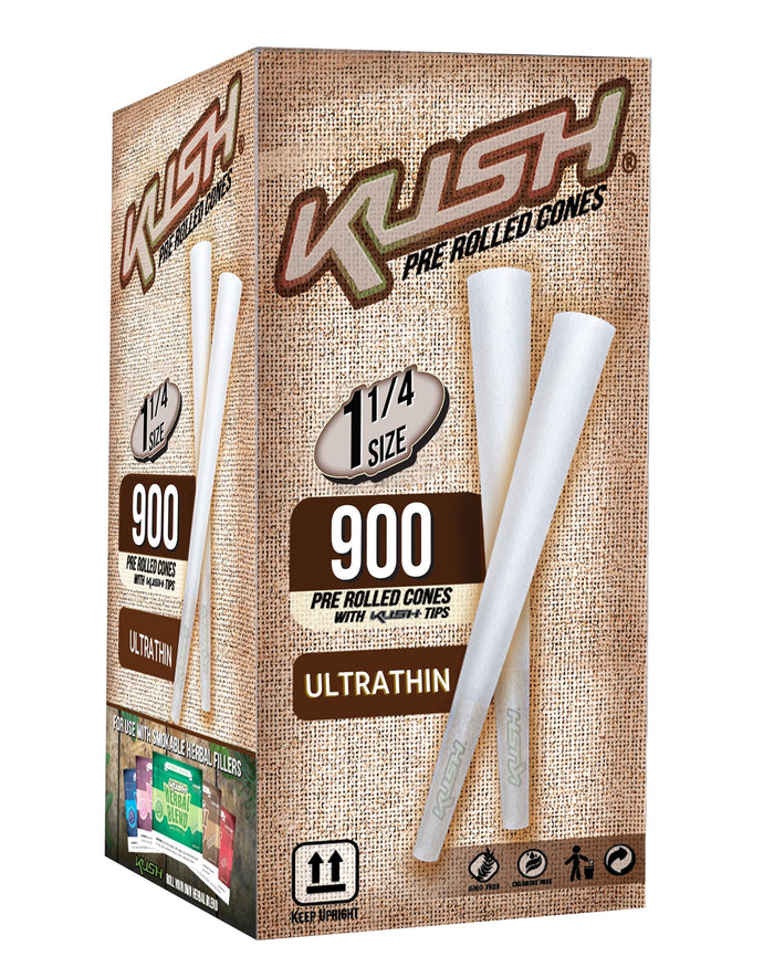 KUSH | 1 1/4 Size Rice Pre-Rolled Cones w/ Filter Tip | 84mm - Rice Paper - 900 Count Image