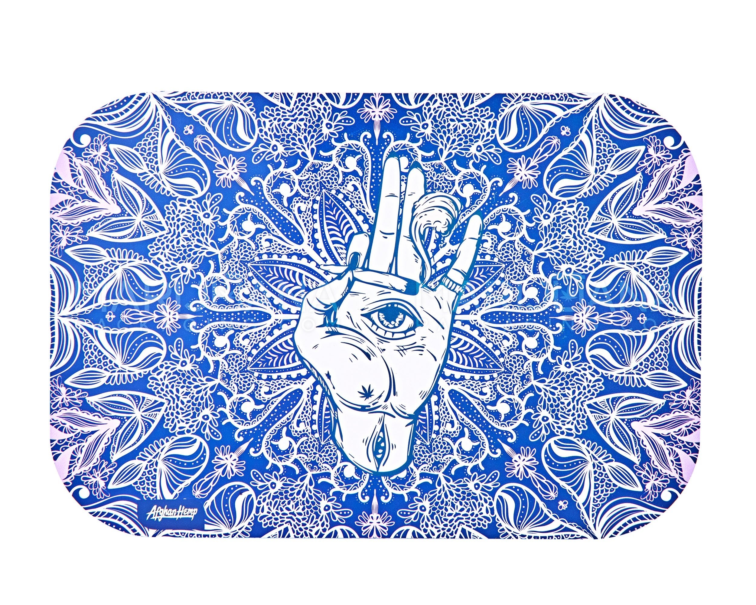 AFGHAN HEMP | Assorted Hamsa Hand Rolling Tray Kit w/ Hemp Rolling Papers & Wick | 6in x 9in - Small - Metal - 16