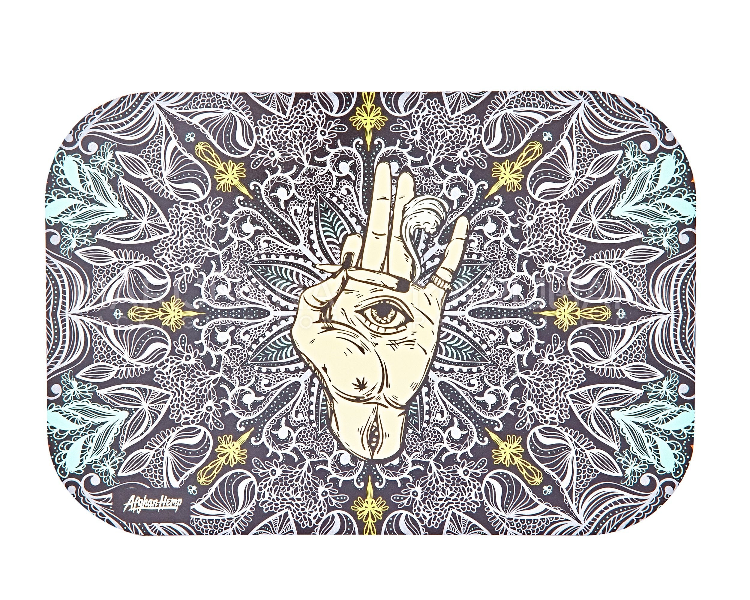 AFGHAN HEMP | Assorted Hamsa Hand Rolling Tray Kit w/ Hemp Rolling Papers & Wick | 6in x 9in - Small - Metal - 11