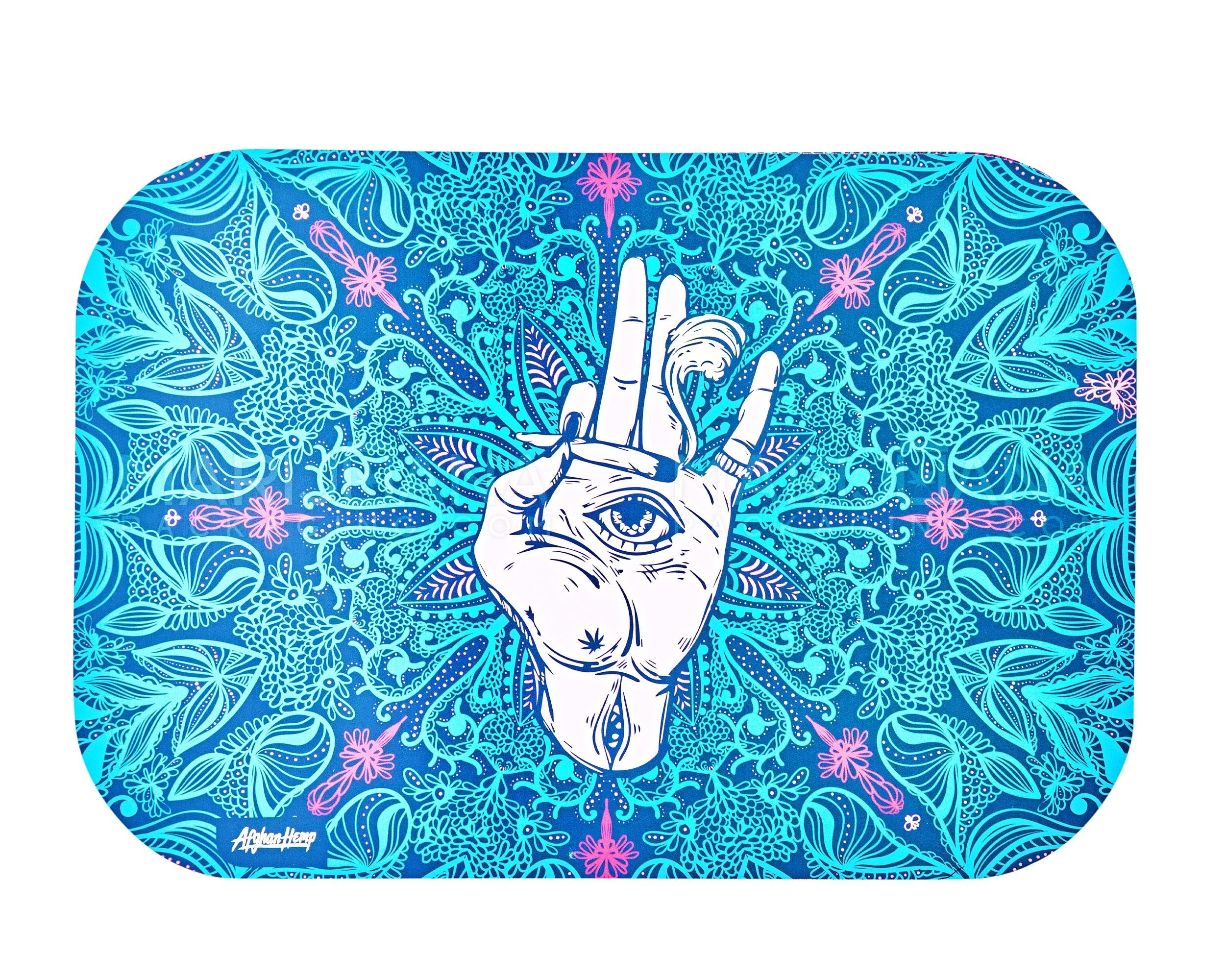 AFGHAN HEMP | Assorted Hamsa Hand Rolling Tray Kit w/ Hemp Rolling Papers & Wick | 6in x 9in - Small - Metal - 13