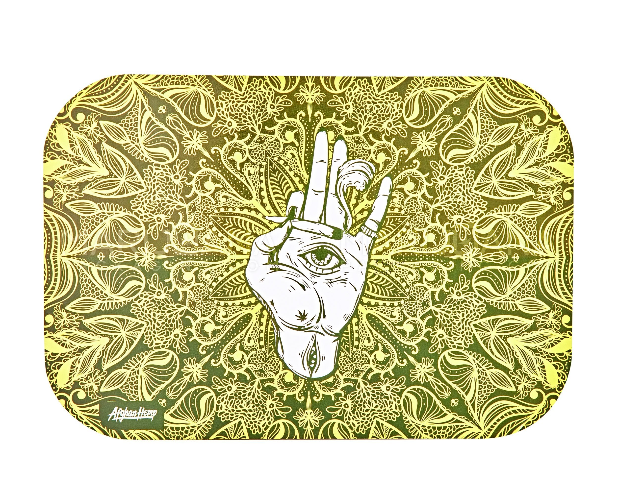 AFGHAN HEMP | Assorted Hamsa Hand Rolling Tray Kit w/ Hemp Rolling Papers & Wick | 6in x 9in - Small - Metal - 14