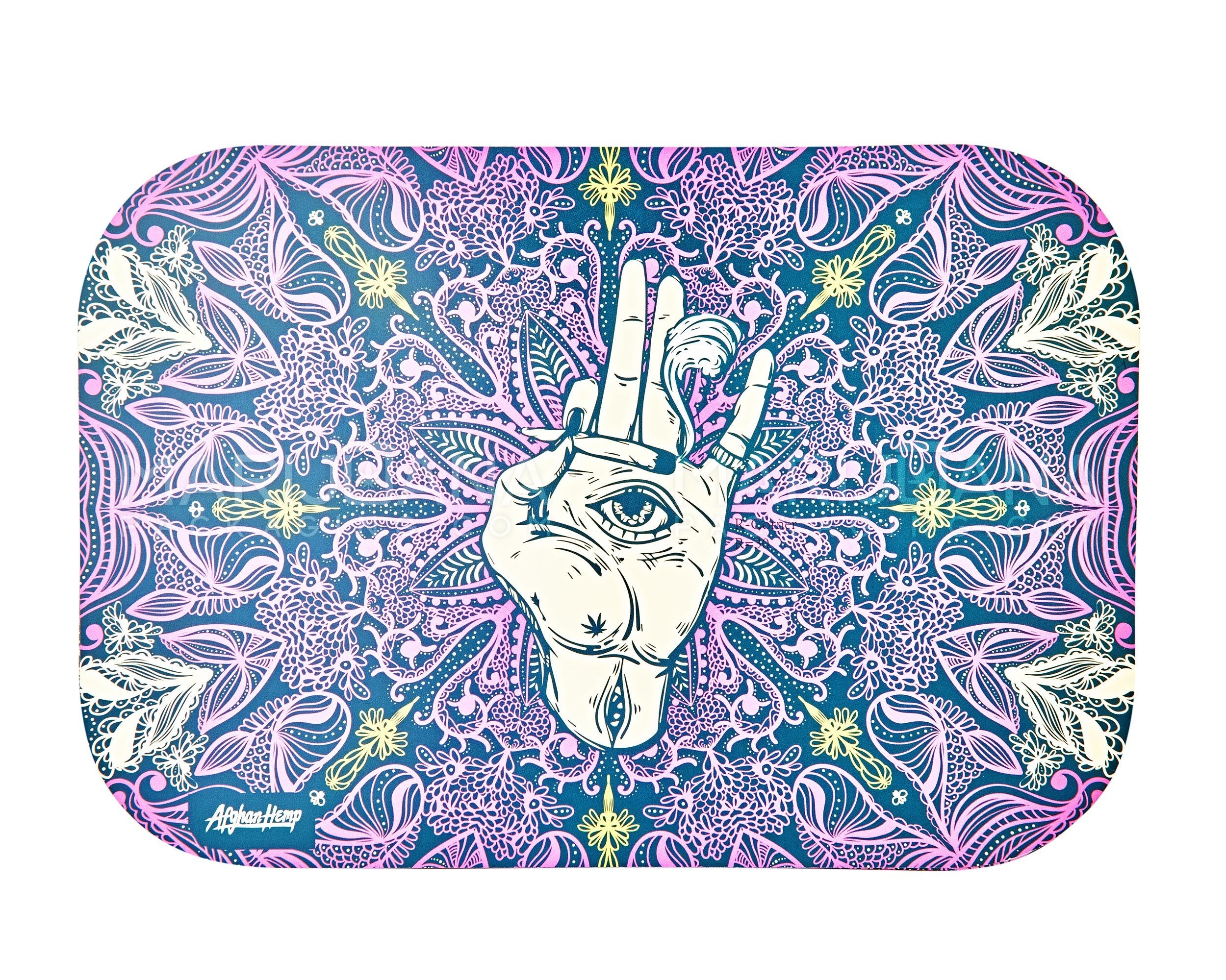 AFGHAN HEMP | Assorted Hamsa Hand Rolling Tray Kit w/ Hemp Rolling Papers & Wick | 6in x 9in - Small - Metal - 10