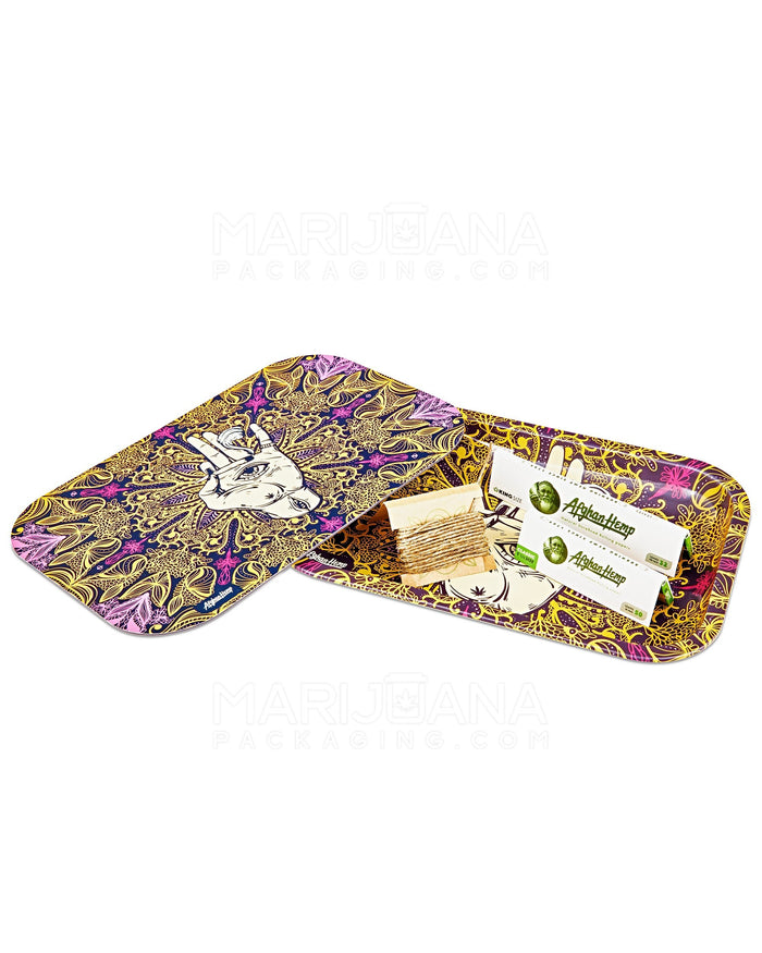 AFGHAN HEMP | Assorted Hamsa Hand Rolling Tray Kit w/ Hemp Rolling Papers & Wick |  6in x 9in - Small - Metal Image